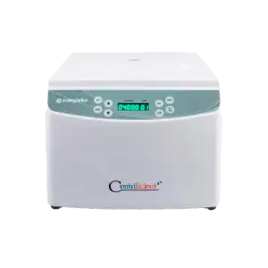 Alt: Centrifugadora clínica de laboratorio con panel digital y pantalla LED, utilizada en biotecnología y análisis de muestras biológicas.