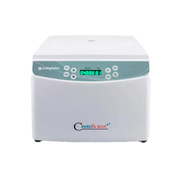 Alt: Centrifugadora clínica de laboratorio con panel digital y pantalla LED, utilizada en biotecnología y análisis de muestras biológicas.