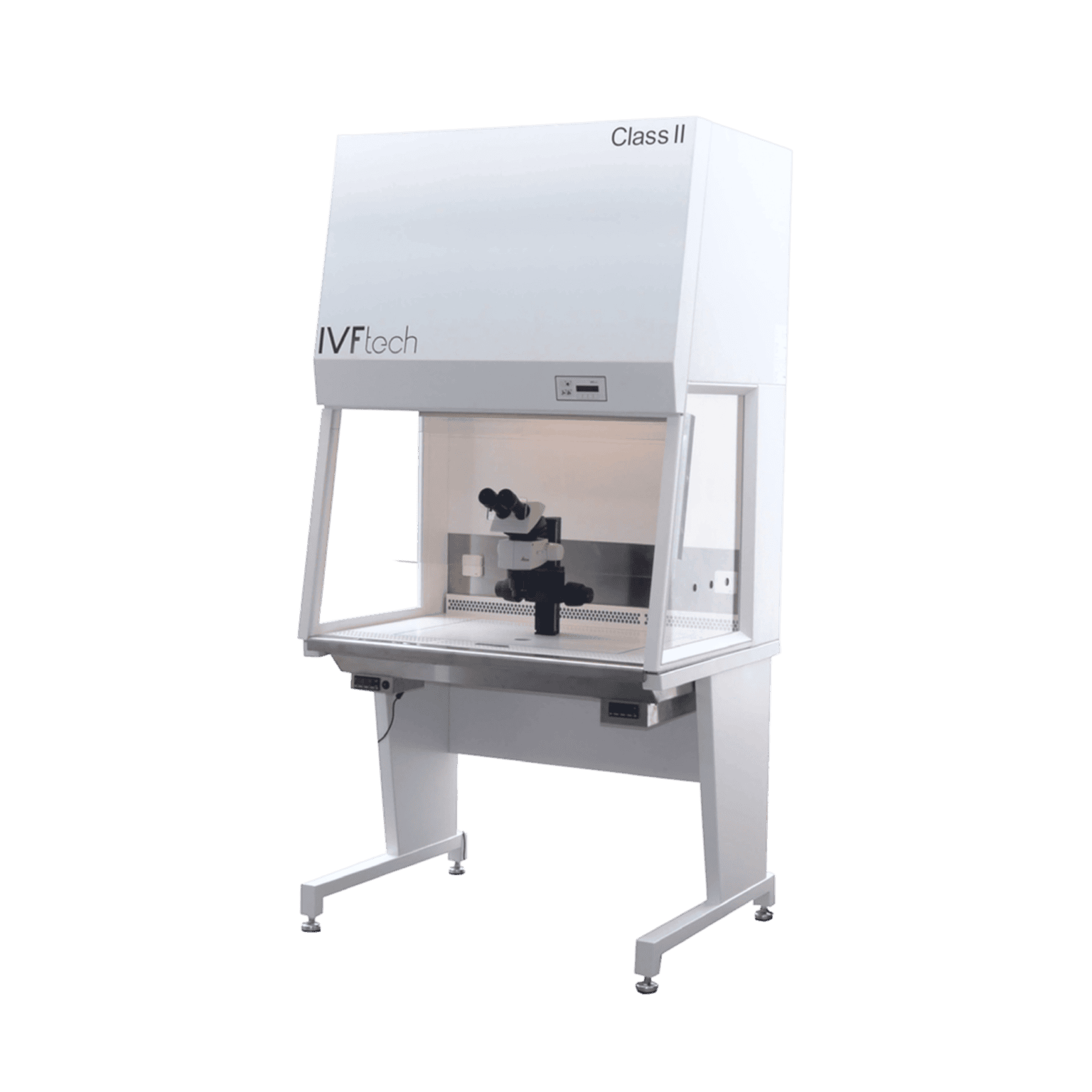 Microscopio en cabina de bioseguridad para investigación biomédica en Nanog Biotec.